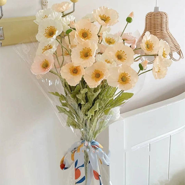 22'' SINGLE FLOCKED FLORAL POPPY SPRAY, COLORFUL SILK POPPIES: CHAMPAGNE