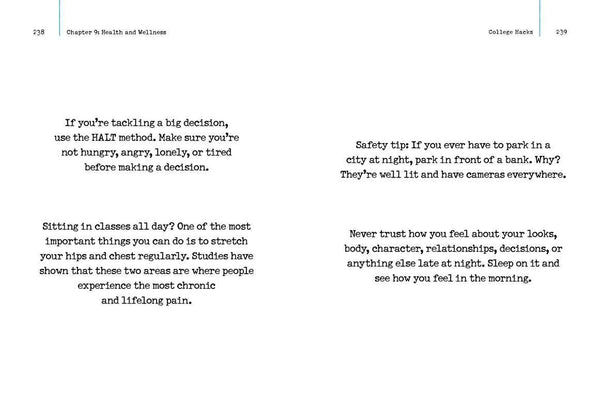 Text-based image with advice on decision-making, safety tips, and health advice on a white background.