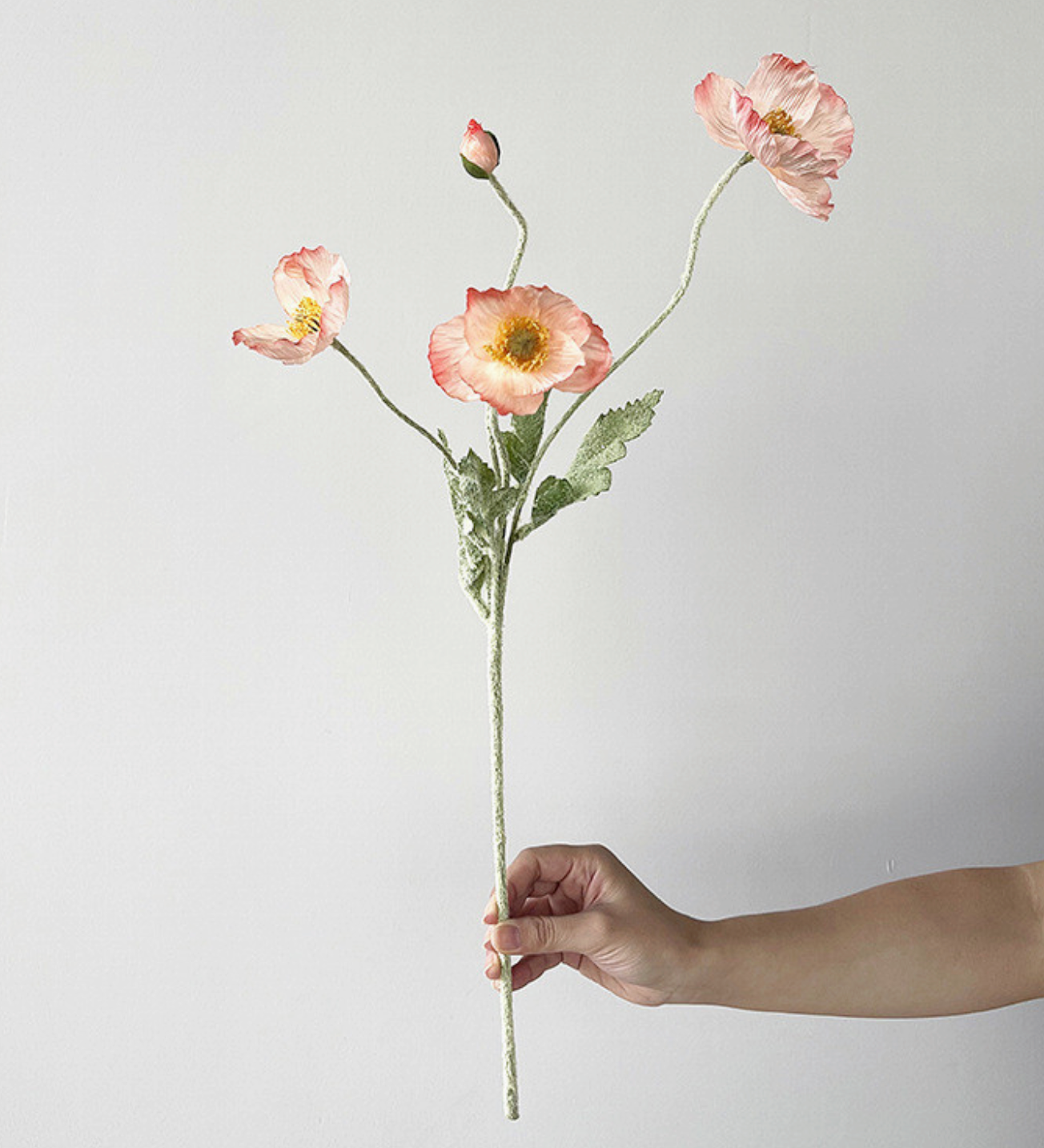 22'' SINGLE FLOCKED FLORAL POPPY SPRAY, COLORFUL SILK POPPIES: CORAL PINK