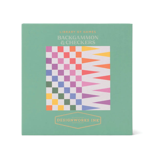 Board game box for backgammon and checkers with colorful pattern on green background