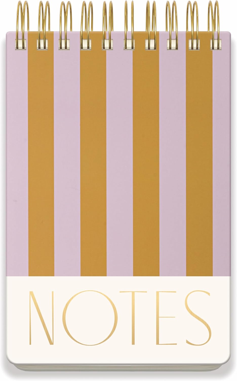 Notebook with gold and purple striped cover and 'NOTES' text