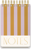 Notebook with gold and purple striped cover and 'NOTES' text