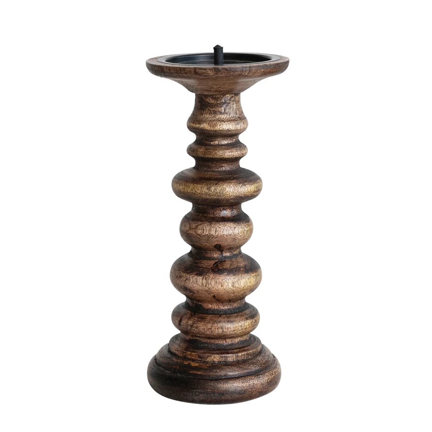 HAND-CARVED MANGO WOOD PILLAR HOLDER, WALNUT FINISH
