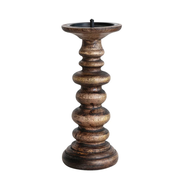 HAND-CARVED MANGO WOOD PILLAR HOLDER, WALNUT FINISH