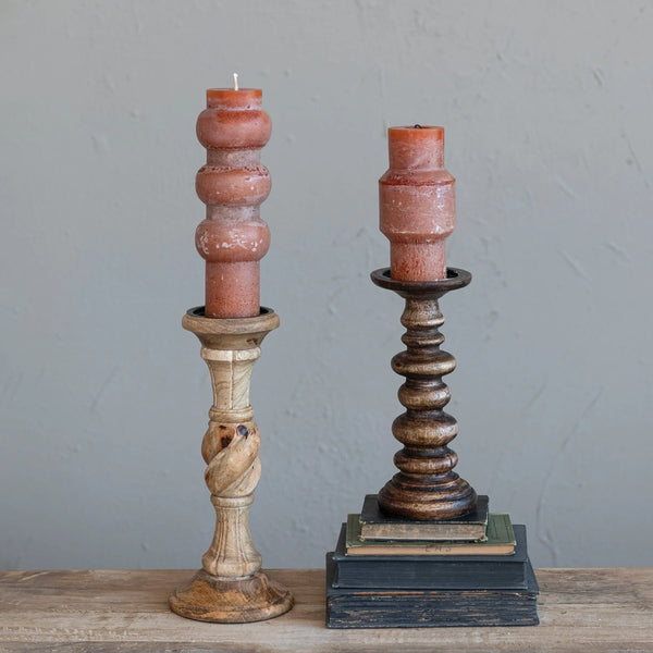 HAND-CARVED MANGO WOOD PILLAR HOLDER, WALNUT FINISH