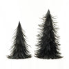 Two decorative feather trees with a Christmas tree shape, made of black feathers, displayed on a white background.