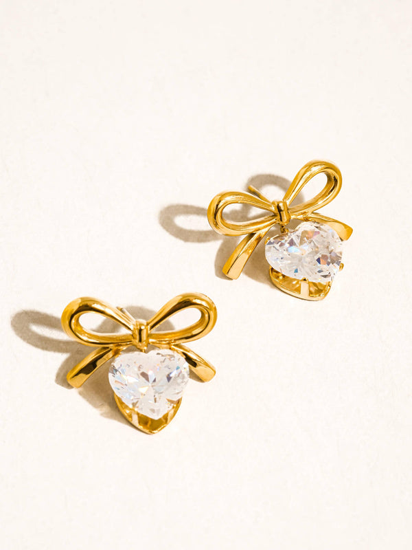 MELONIE 18K GOLD NON-TARNISH CZ HEART & BOW EARRING