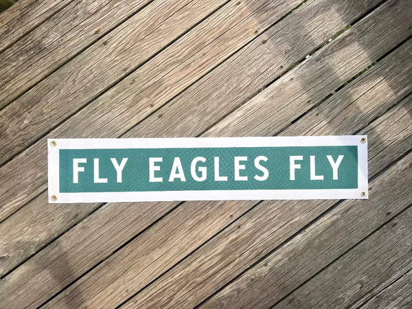 Street sign with 'Fly Eagles Fly' on a wooden surface