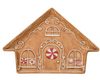 A ceramic gingerbread house-shaped plate with decorative details such as peppermint swirls and frosted windows.