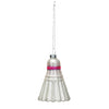 A glass badminton ornament in white and red colors with a metallic hanging loop.