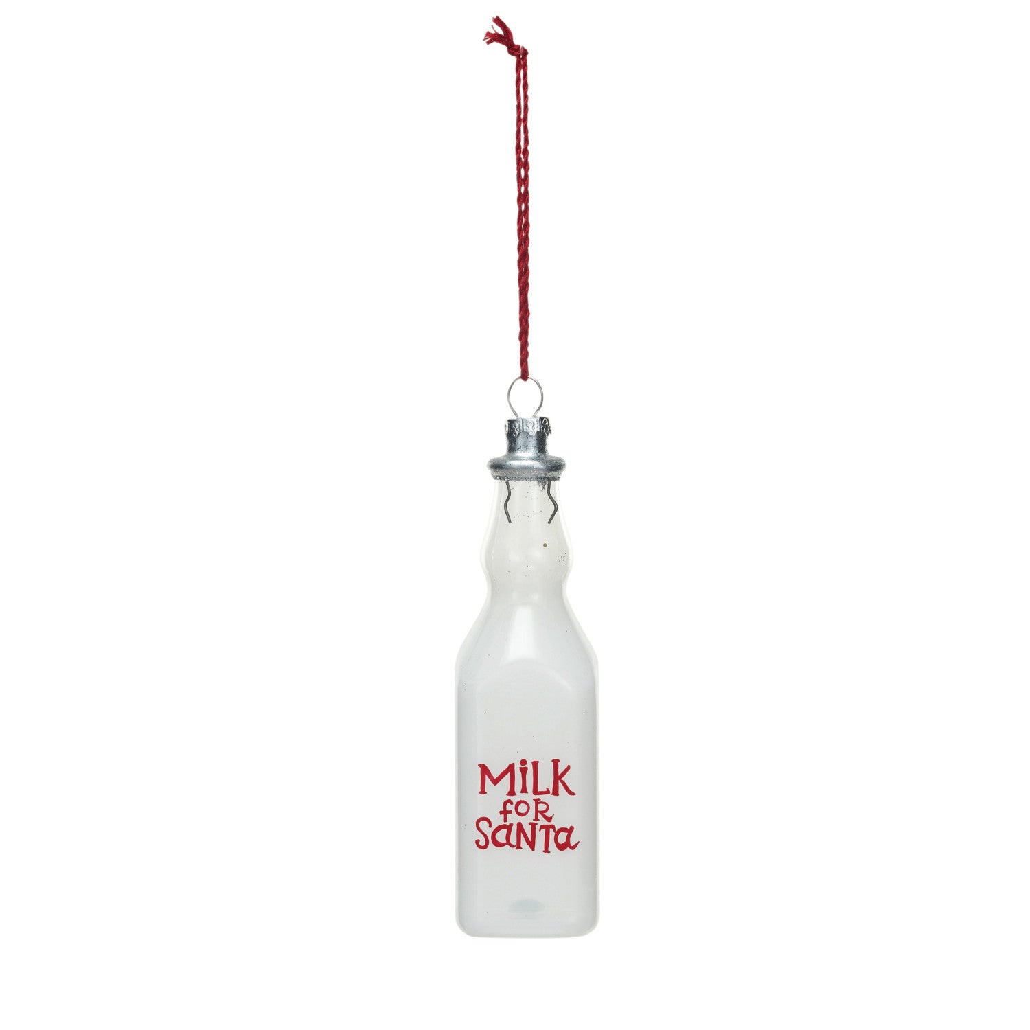 A glass milk bottle ornament with 'MILK FOR SANTA' text in red and white, hanging from a red ribbon.
