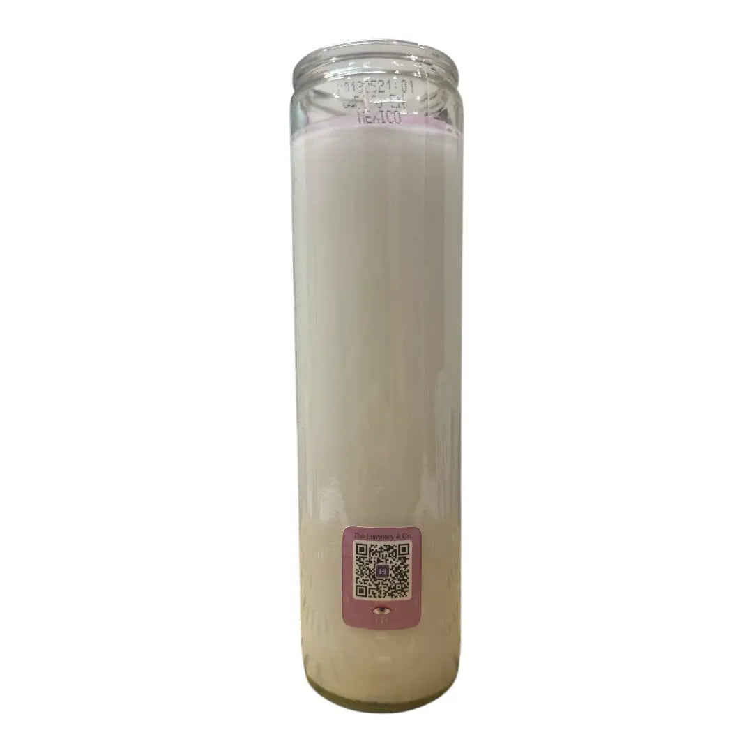 Clear glass candle with a QR code label on a white background