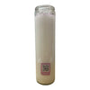 Clear glass candle with a QR code label on a white background