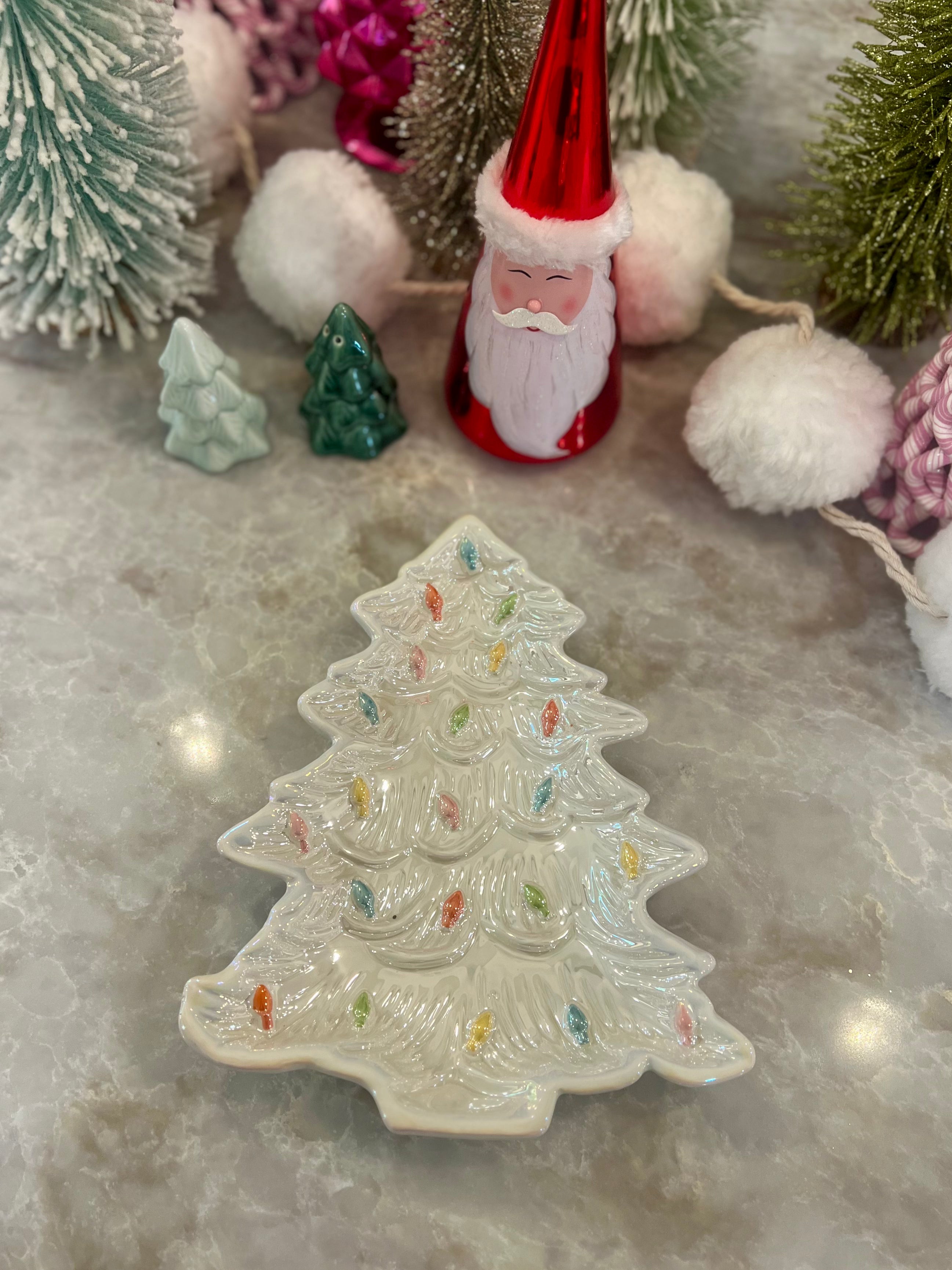 CERAMIC IRIDESCENT HOLIDAY TREE PLATE WHITE