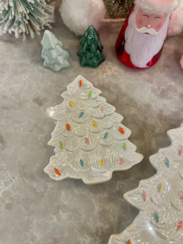 CERAMIC IRIDESCENT HOLIDAY TREE PLATE WHITE