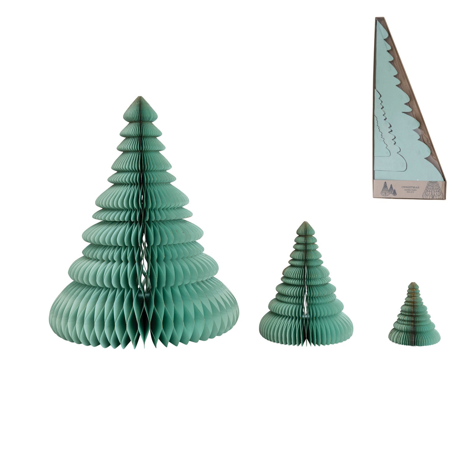 A set of three recycled paper folding honeycomb trees with glitter, in turquoise and chartreuse colors, displayed in various sizes.