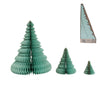 A set of three recycled paper folding honeycomb trees with glitter, in turquoise and chartreuse colors, displayed in various sizes.