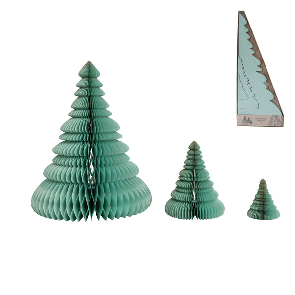 A set of three recycled paper folding honeycomb trees with glitter, in turquoise and chartreuse colors, displayed in various sizes.