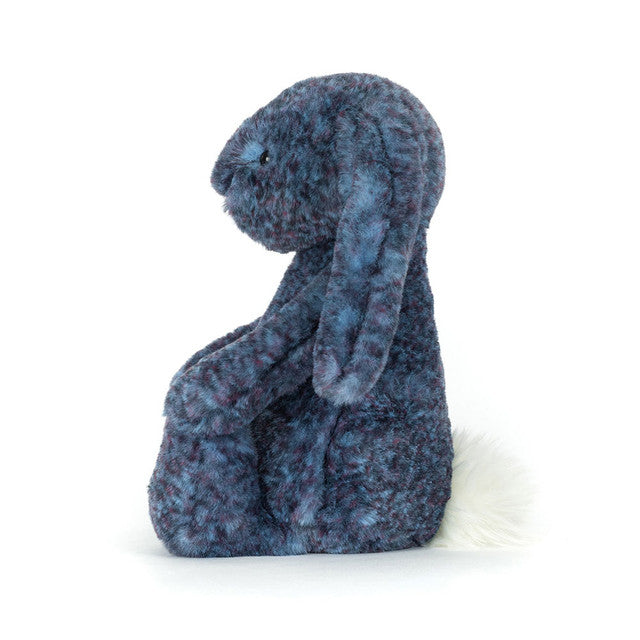 Plush bunny toy with blue and gray pattern on a white background