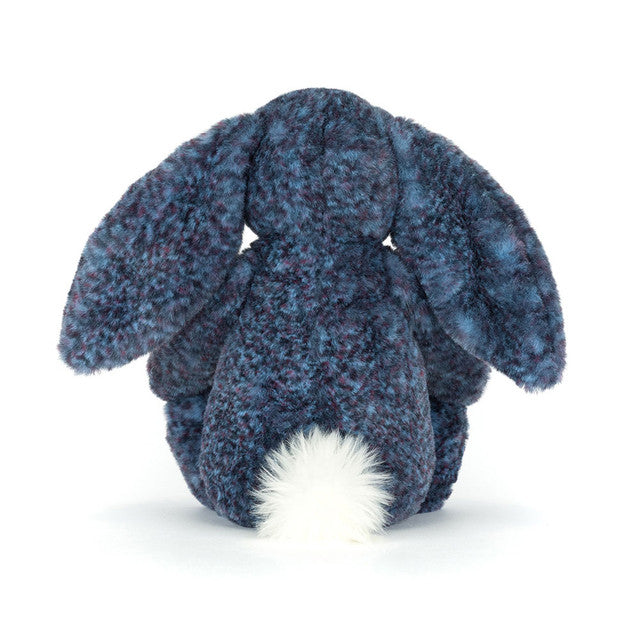 Blue textured plush bunny toy on a white background