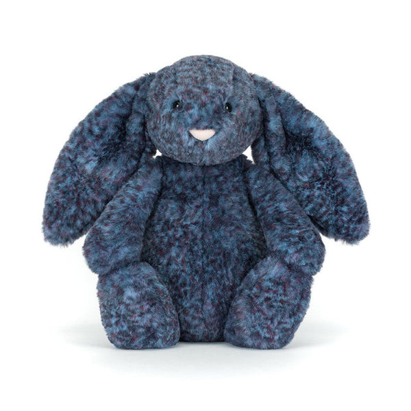 Blue textured plush bunny toy on a white background