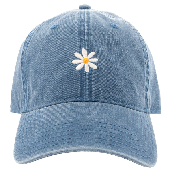 Blue denim cap with a white daisy embroidered on a white background