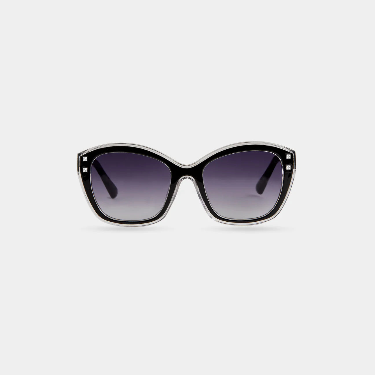 A pair of fashion sunglasses with a patterned frame and gradient lenses.