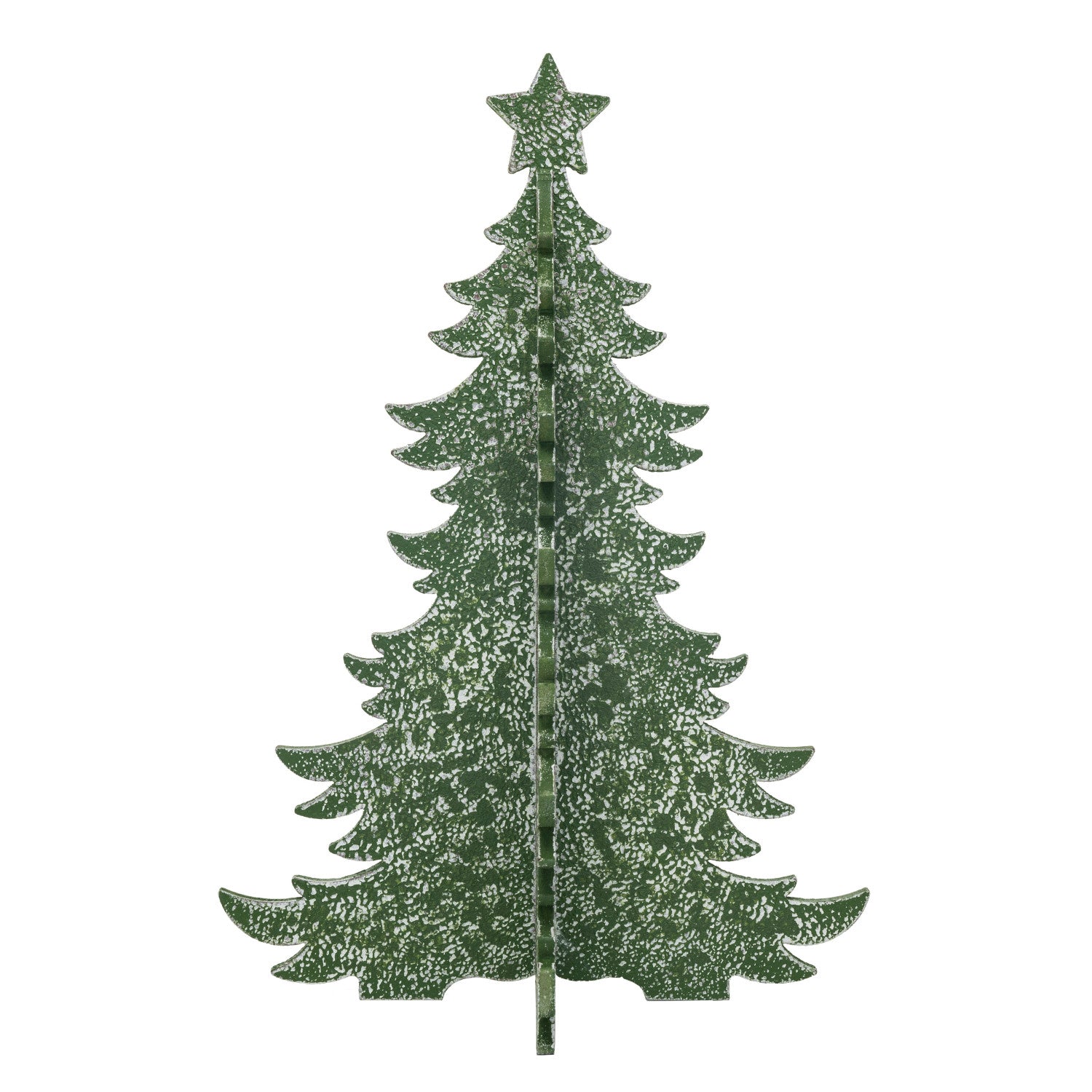 Interlocking wooden Christmas tree with a distressed green finish.