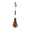 Two broom-shaped light-up Halloween decor items with multicolored handles and brown bristles, with string lights on the bristles.
