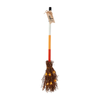 A broom designed to resemble a witch's broom with a white handle, orange shaft, and brown bristles, with a tag indicating it is for sale at a yard sale.
