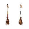 Two broom-shaped light-up Halloween decor items with multicolored handles and brown bristles, with string lights on the bristles.