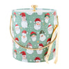 A festive vinyl ice bucket with a Santa Claus design, featuring a clear acrylic lid and stainless steel tongs.