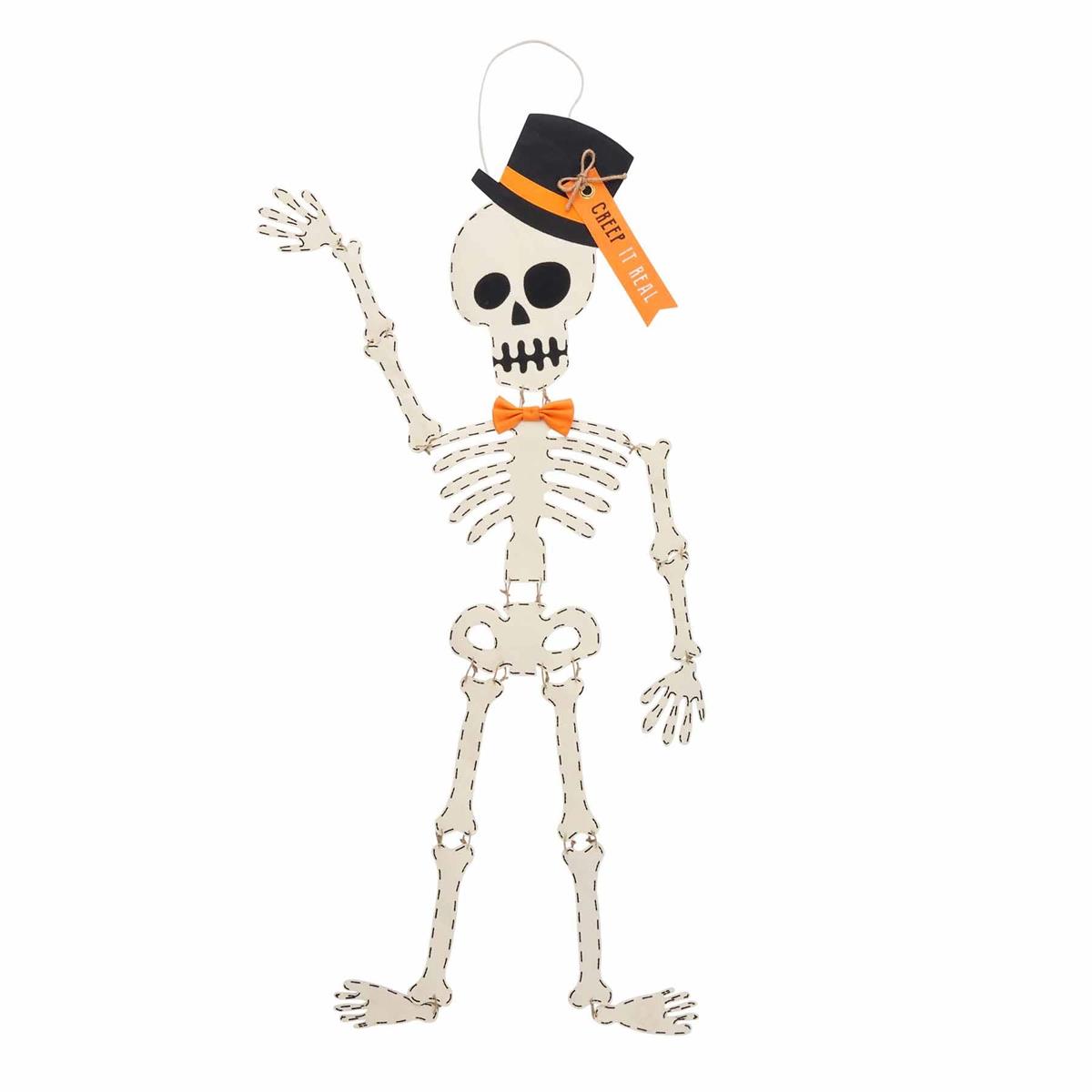 A skeleton door hanger with an orange bow tie and a black top hat.