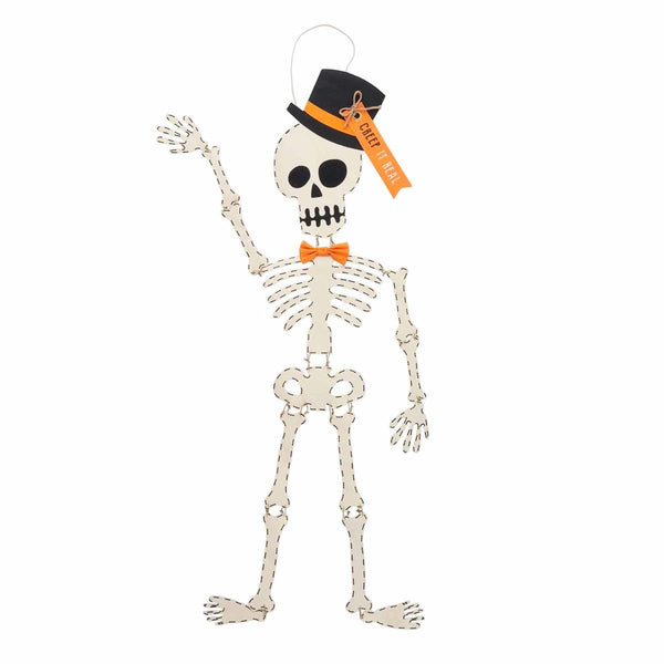 A skeleton door hanger with an orange bow tie and a black top hat.