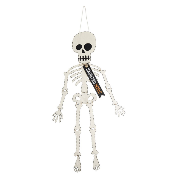 A skeleton door hanger with an orange bow tie and a black top hat.