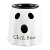 A white ceramic ghost-shaped dip server with black eyes and a detachable black dish on top, labeled 'Chill Boo'.
