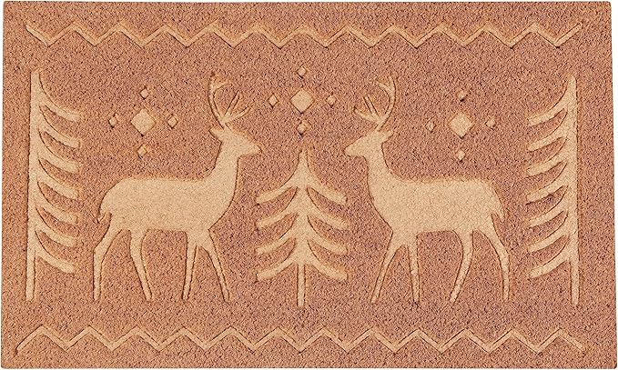 A beige doormat with a winter theme, featuring silhouettes of two deer on it.
