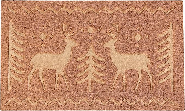 A beige doormat with a winter theme, featuring silhouettes of two deer on it.