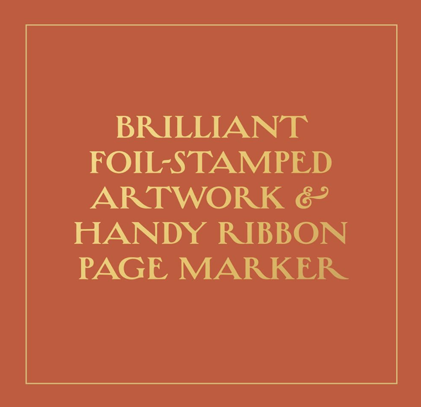 Brown background with gold text describing foil-stamped artwork and a page marker.