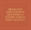 Brown background with gold text describing foil-stamped artwork and a page marker.