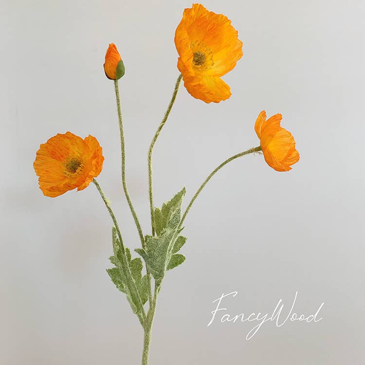 22'' SINGLE FLOCKED FLORAL POPPY SPRAY, COLORFUL SILK POPPIES: ORANGE
