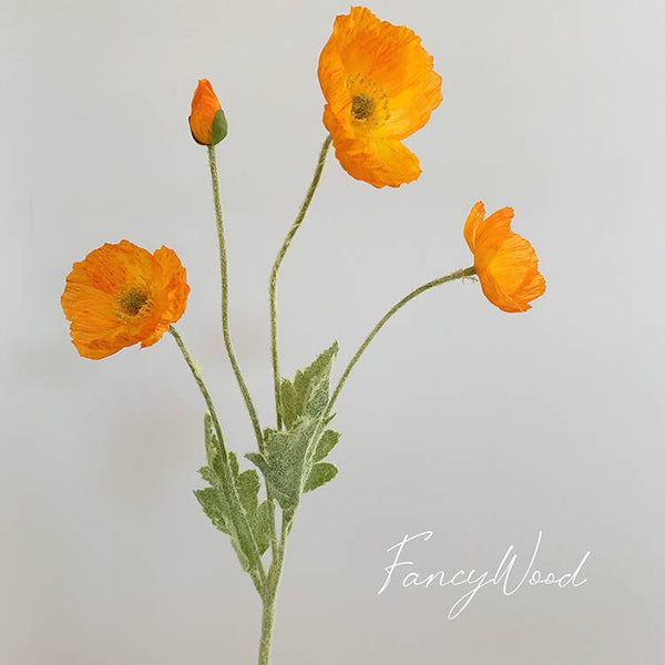 22'' SINGLE FLOCKED FLORAL POPPY SPRAY, COLORFUL SILK POPPIES: ORANGE