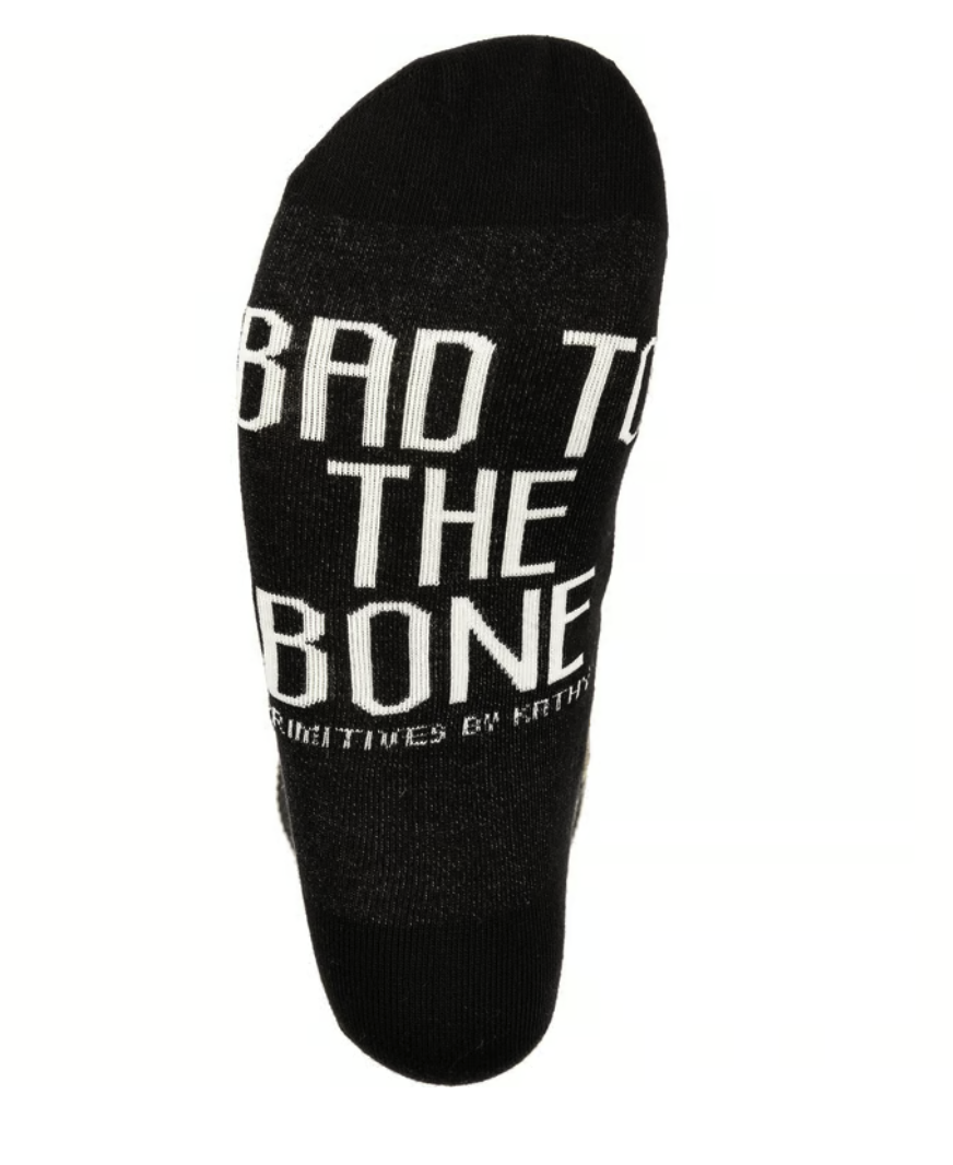 Black sock with 'Bad to the Bone' text on a white background