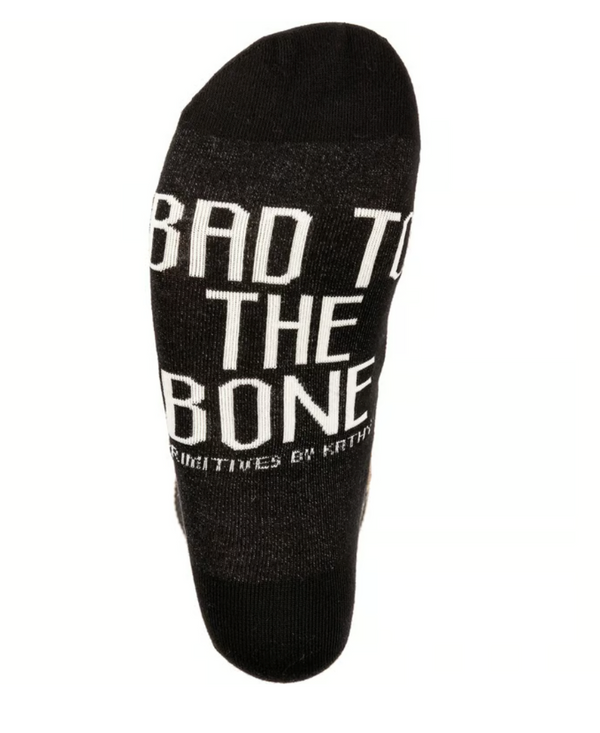 Black sock with 'Bad to the Bone' text on a white background