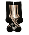 Black socks with skeleton design and text on a white background