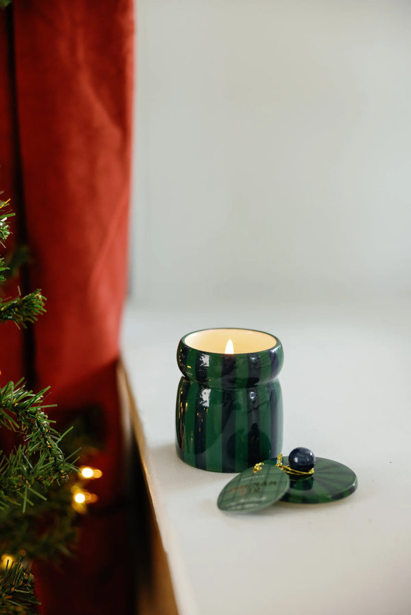 CABANA 6.5 OZ GREEN AND NAVY STRIPED CERAMIC CANDLE - BALSAM & FIR
