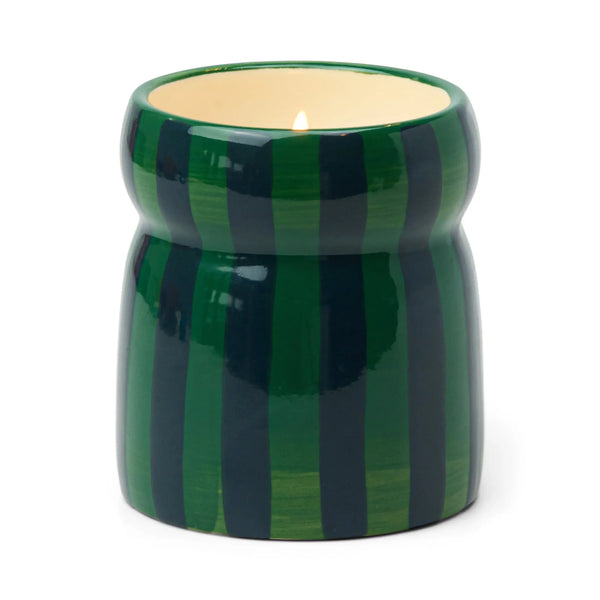 CABANA 6.5 OZ GREEN AND NAVY STRIPED CERAMIC CANDLE - BALSAM & FIR