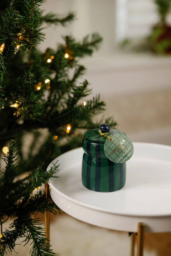 CABANA 6.5 OZ GREEN AND NAVY STRIPED CERAMIC CANDLE - BALSAM & FIR