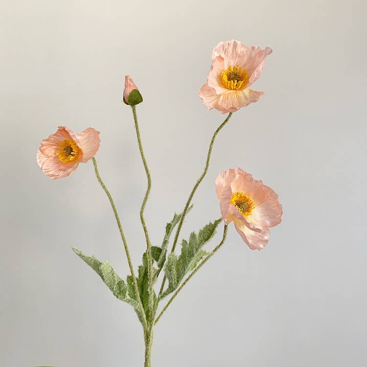 22'' SINGLE FLOCKED FLORAL POPPY SPRAY, COLORFUL SILK POPPIES: LIGHT PINK