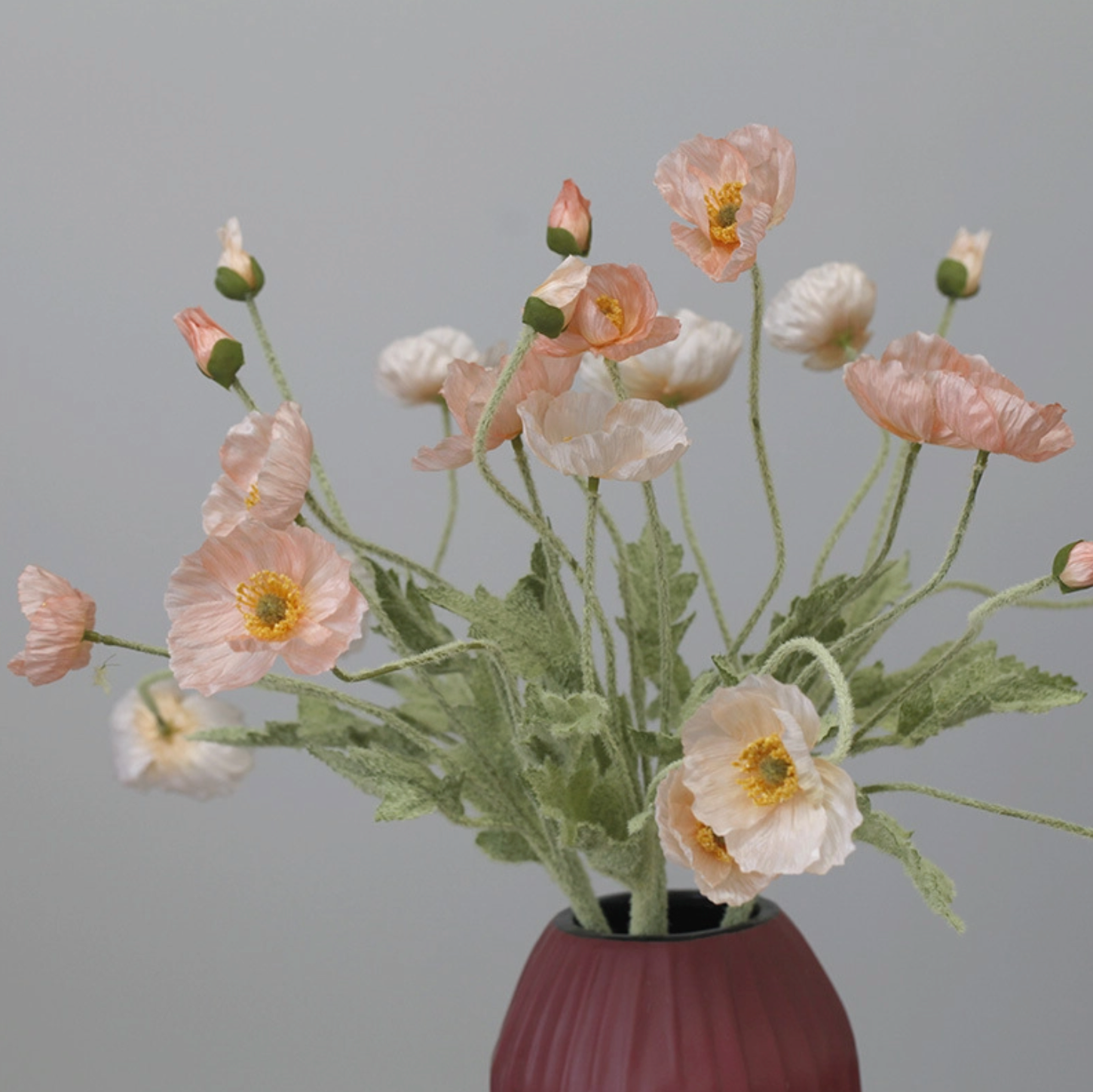 22'' SINGLE FLOCKED FLORAL POPPY SPRAY, COLORFUL SILK POPPIES: LIGHT PINK